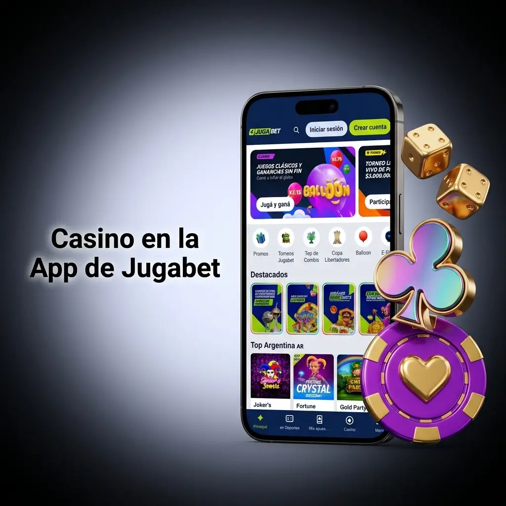 Sección de casino en la app de Jugabet con slots, juegos de mesa y casino en vivo con crupieres reales 24hs.
