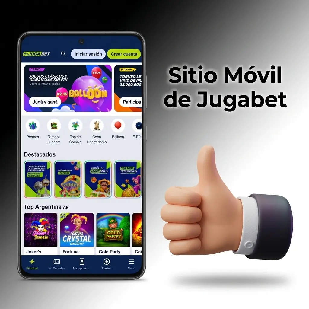 Sitio móvil de Jugabet optimizado para Android e iOS con apuestas en vivo, casino y pagos con MercadoPago